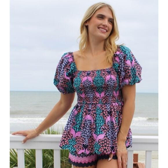 Simply Southern Sz large Scalloped Puff Sleeve Flamingo Smocked Babydoll Top - Picture 1 of 6